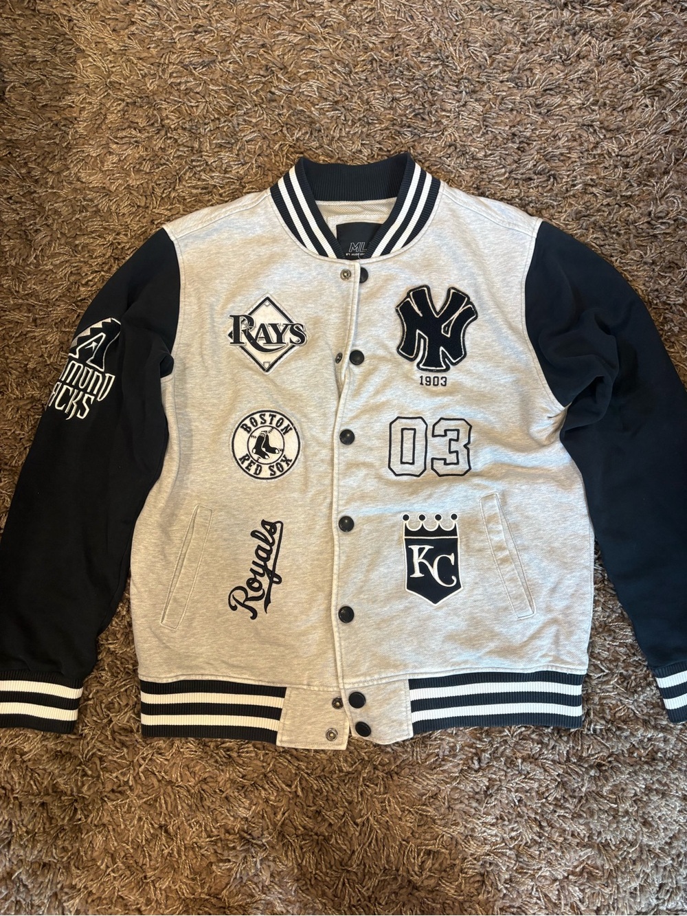 Men's Grey and Black Varsity Jacket with MLB Patch Details Large